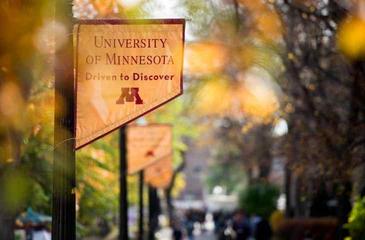 Flags saying, "University of Minnesota Driven to Discover" on the University campus